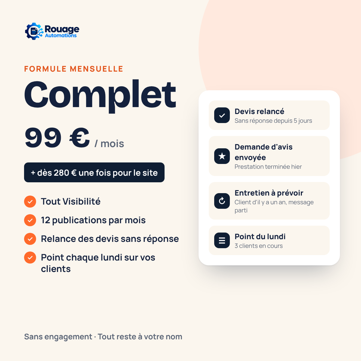 Formule Complet Rouage : relances et suivi des clients, 99 € par mois