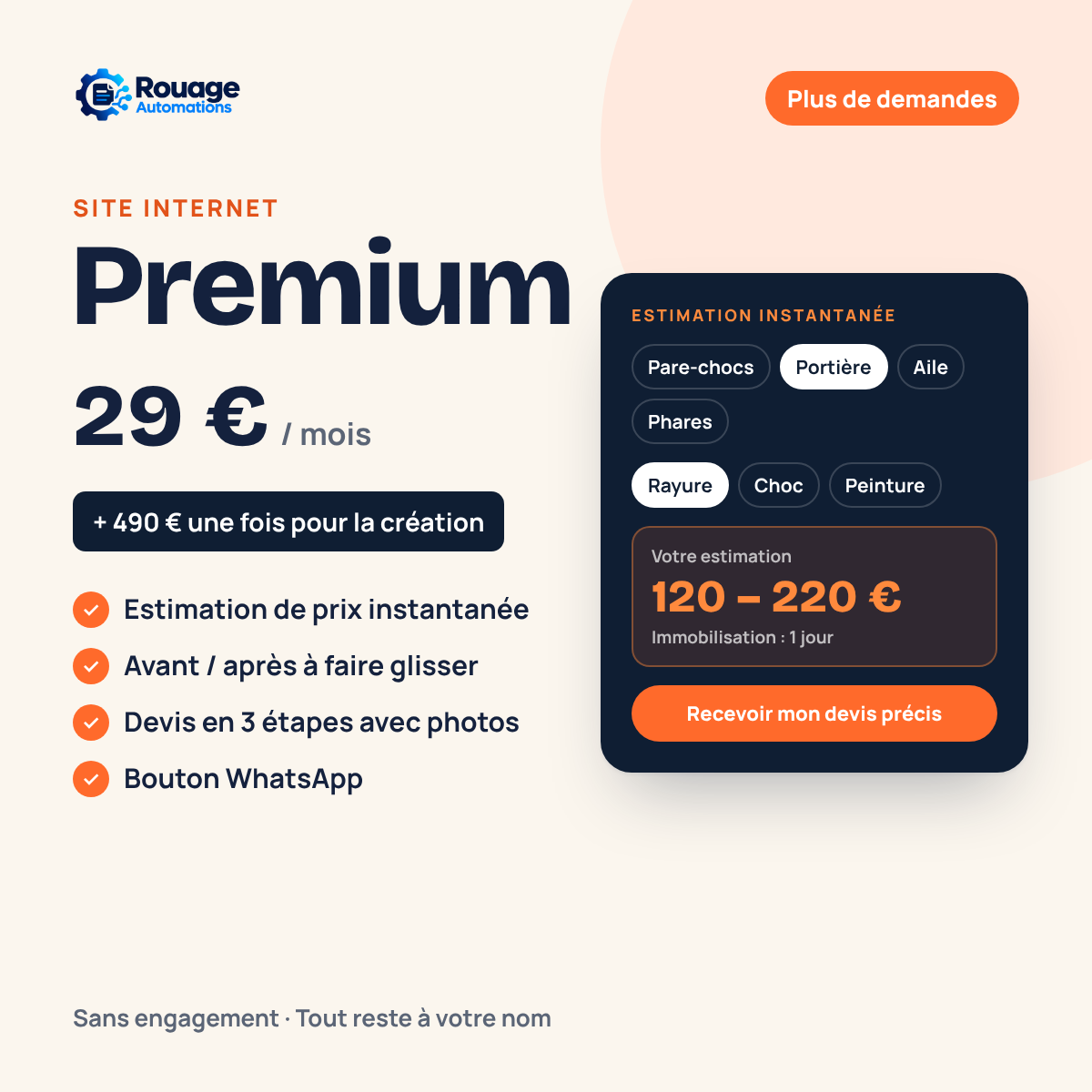 Site Premium Rouage : estimation de prix, avant / après, 490 € puis 29 € par mois