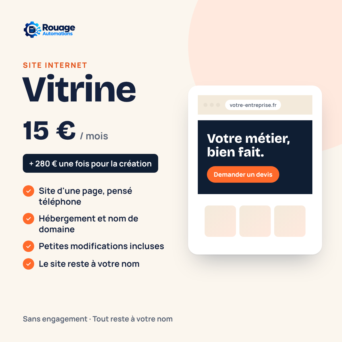Site Vitrine Rouage : 280 € de création puis 15 € par mois