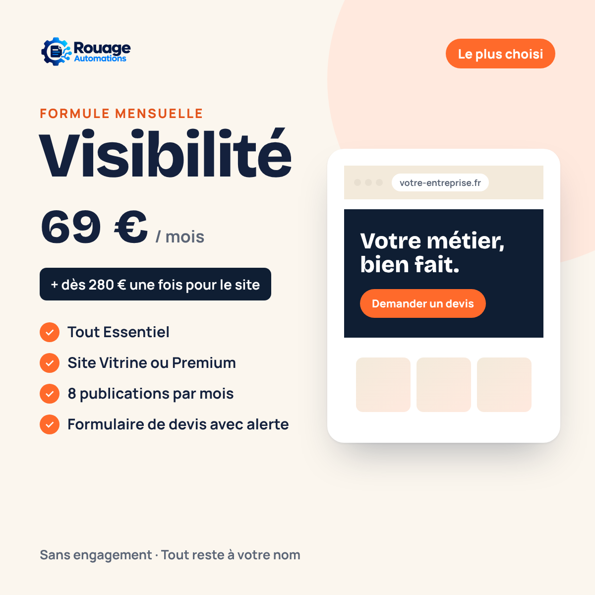 Formule Visibilité Rouage : site Vitrine ou Premium, réseaux sociaux et demandes de devis, 69 € par mois
